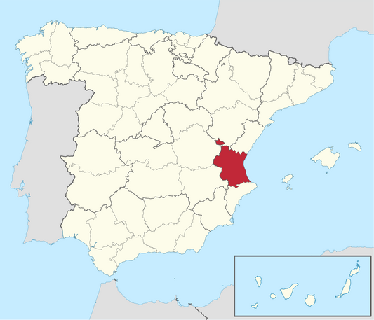 mapa de España con resalte en rojo de la zona de Valencia